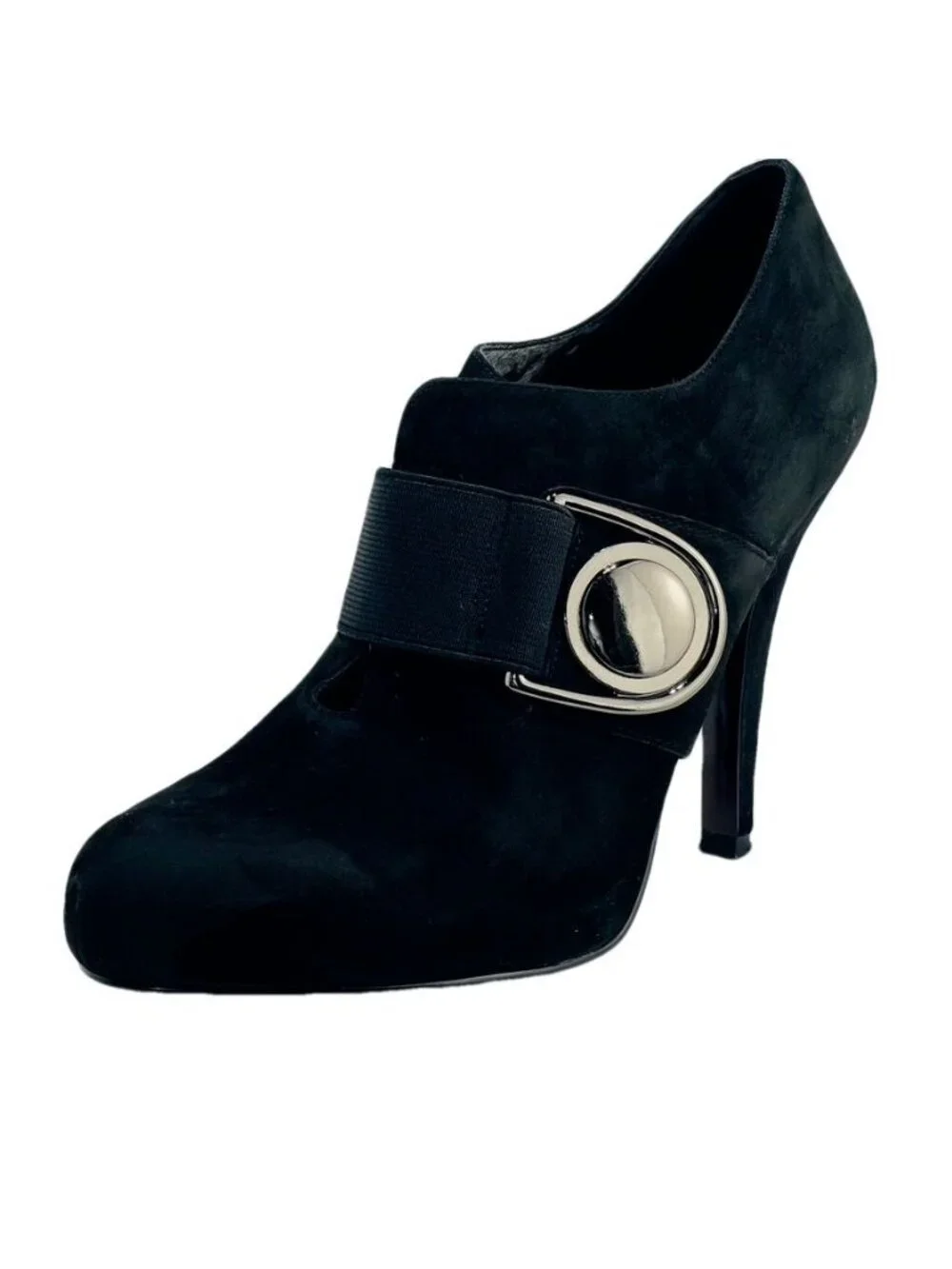 JESSICA SIMPSON Black Suede Heeled Booties With Large Buckle Accent